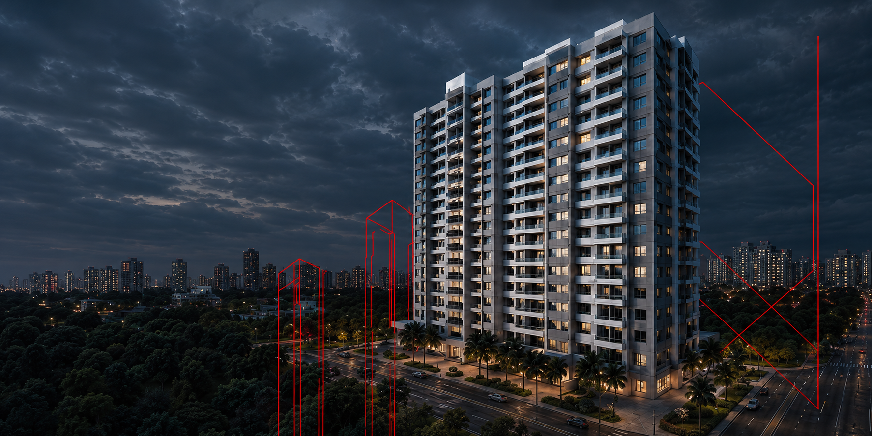 Edificio residencial moderno iluminado a noite